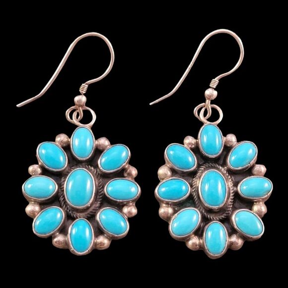 Sterling Zuni Native American Sleeping Beauty Blue Turquoise Drop Earrings - Picture 1 of 8